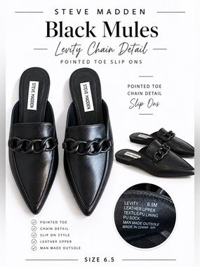 Steve Madden Black Mules Levity Chain Detail slip ons pointed toes leather   6.5